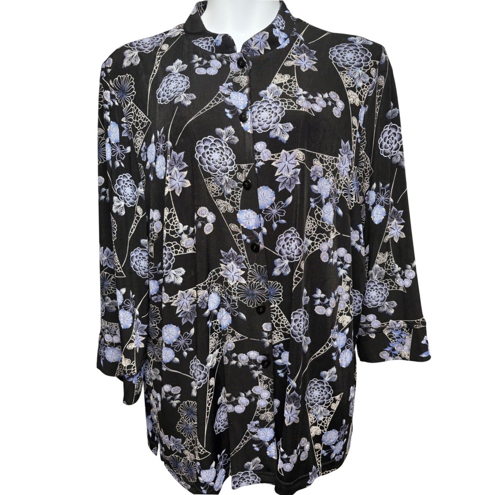 Womens Black Liquid Knit Floral Button Down Shirt 3X Mandarin Collar Modest Arty